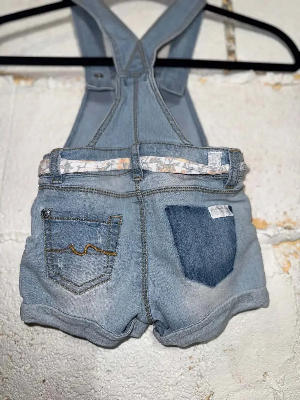 7 For All Mankind Toddler Girls Denim Shortalls with Floral Belt, Size 24M